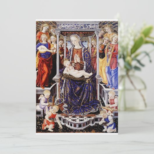 Maagd en kind op de troon met muziek maken engel kaart (Staand voorkant)