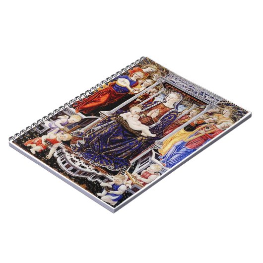 Maagd en kind op de troon met muziek maken engel notitieboek (Linkerzijde)