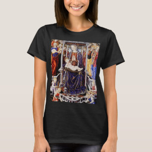 Maagd en kind op de troon met muziek maken engel t-shirt