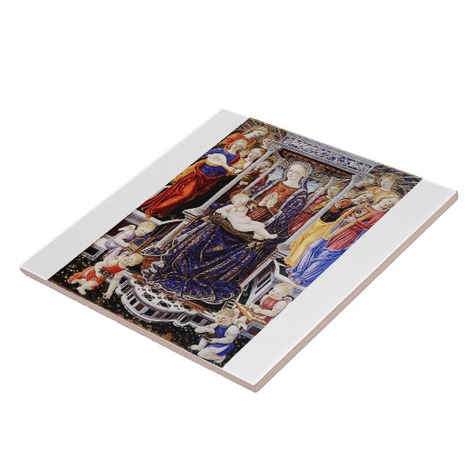 Maagd en kind op de troon met muziek maken engel tegeltje (Zijkant)