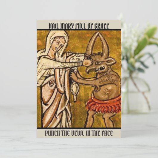 Maagd Maagd Mary, zonder geld, slaat de duivel in  Bedankkaart (Staand voorkant)