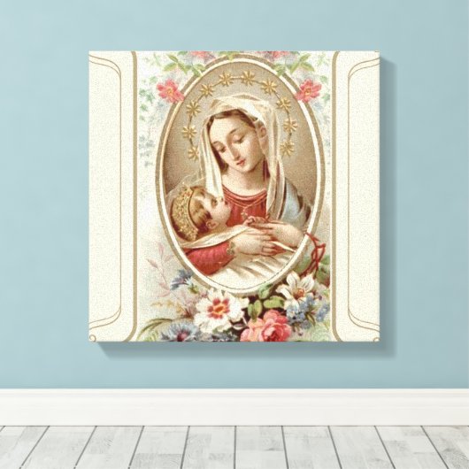 Maagd Madonna Maria met Christus Kind Jezus Rozen Canvas Afdruk (Insitu (Houten vloer))