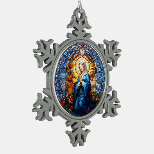 Maagd Maria biddend Glas in lood Tin Sneeuwvlok Ornament (Links)