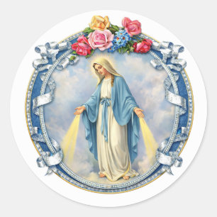 Maagd Maria Bloemrijke Religieuze Vintage Katholie Ronde Sticker