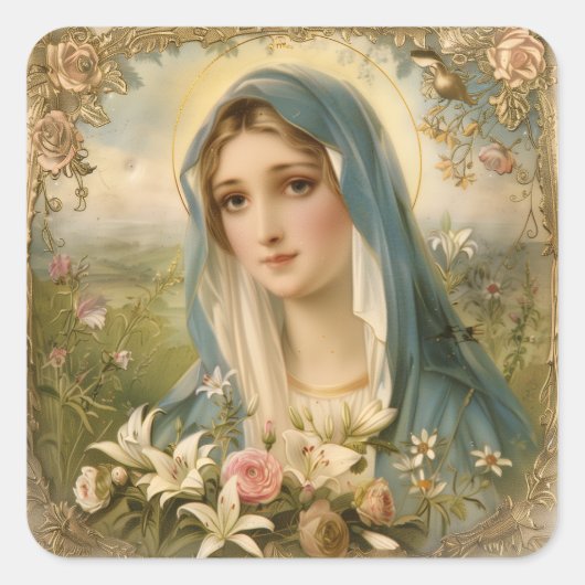 Maagd Maria Bloemrijke vintage katholiek Vierkante Sticker (Voorkant)