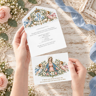 Maagd Maria & Cherubijnen Katholieke spirituele bo All In One Uitnodiging