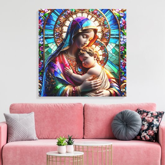 Maagd Maria en Baby Jezus Glas in lood Canvas Afdruk (Insitu (Woonkamer))