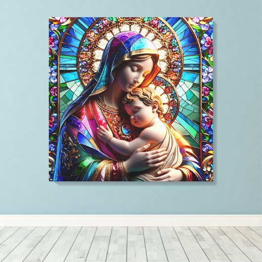 Maagd Maria en Baby Jezus Glas in lood Canvas Afdruk (Insitu (Houten vloer))