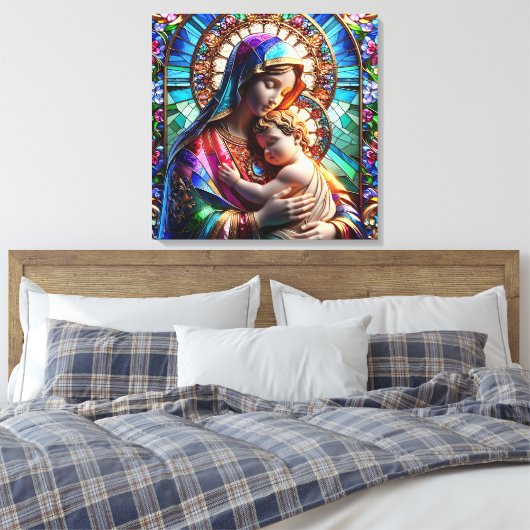 Maagd Maria en Baby Jezus Glas in lood Canvas Afdruk (Insitu (Slaapkamer))