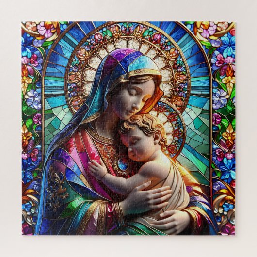 Maagd Maria en Baby Jezus Glas in lood Legpuzzel (Verticaal)