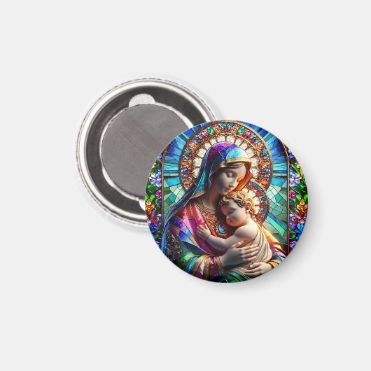 Maagd Maria en Baby Jezus Glas in lood Magneet (Voorkant / Achterkant)