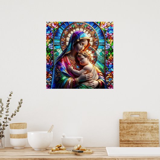Maagd Maria en Baby Jezus Glas in lood Poster (Keuken)