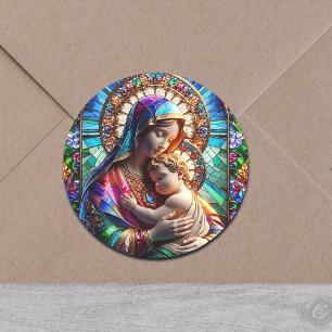 Maagd Maria en Baby Jezus Glas in lood Ronde Sticker