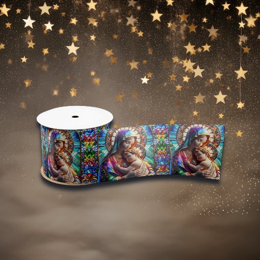 Maagd Maria en Baby Jezus Glas in lood Satijnen Lint