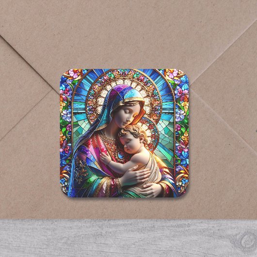 Maagd Maria en Baby Jezus Glas in lood Vierkante Sticker