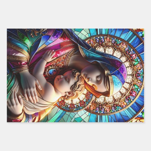 Maagd Maria en Baby Jezus | Mozaïek Kerstmis Inpakpapier Vel (Voorkant 2)