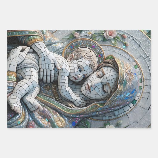 Maagd Maria en Baby Jezus | Mozaïek Kerstmis Inpakpapier Vel (Voorkant)
