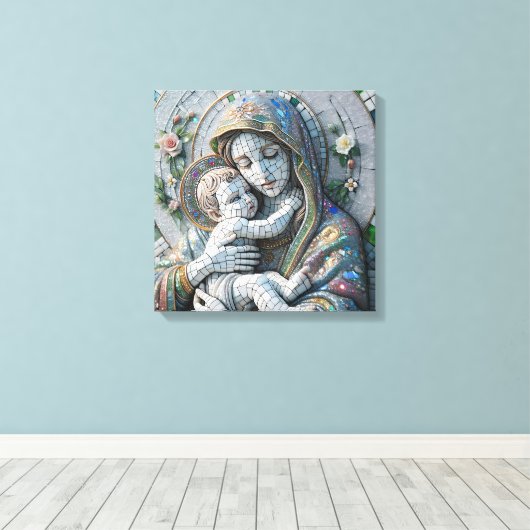Maagd Maria en Baby Jezus | mozaïekbeeld Canvas Afdruk (Insitu (Houten vloer))
