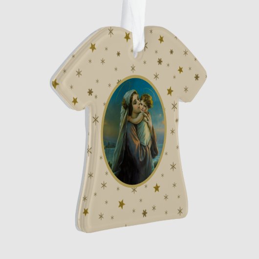Maagd Maria en Baby Jezus op sterrenachtergrond Ornament (voorkant)