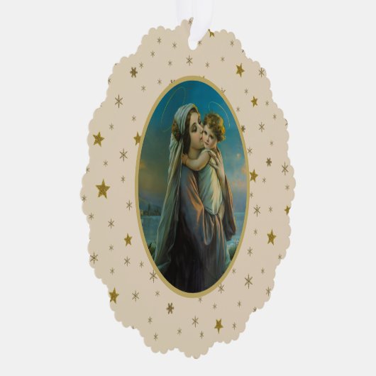 Maagd Maria en Baby Jezus op sterrenachtergrond Ornament Kaart (Rechts)