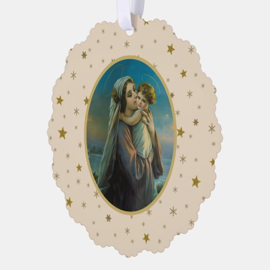 Maagd Maria en Baby Jezus op sterrenachtergrond Ornament Kaart (Links)