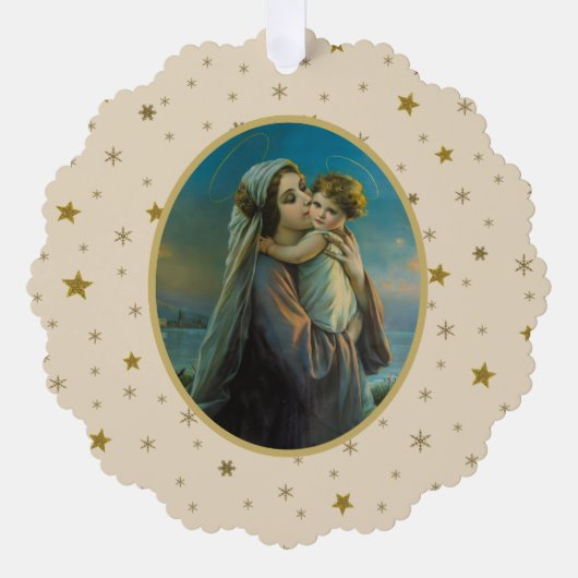 Maagd Maria en Baby Jezus op sterrenachtergrond Ornament Kaart (Voorkant)