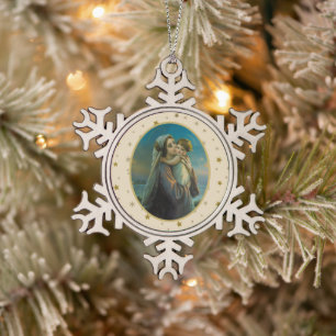 Maagd Maria en Baby Jezus op sterrenachtergrond Tin Sneeuwvlok Ornament