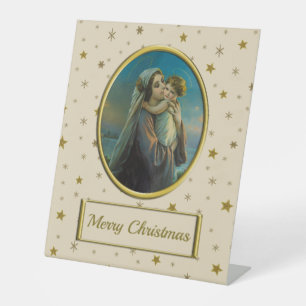 Maagd Maria en Baby Jezus op sterrenkerstmis Reclamebord Met Voetstuk