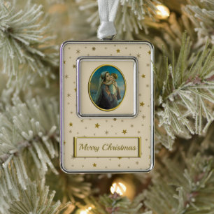 Maagd Maria en Baby Jezus op sterrenkerstmis Verzilverd Omlijst Ornament