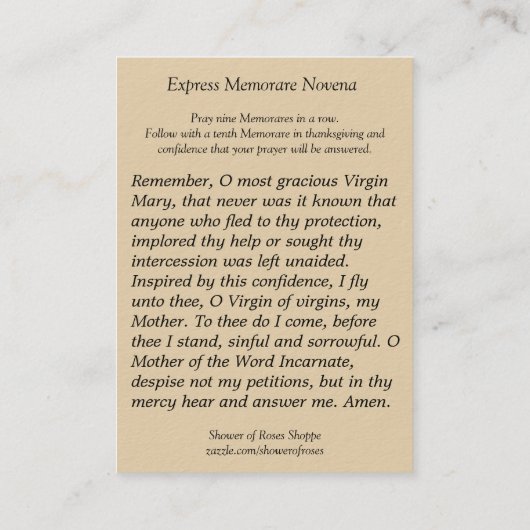 Maagd Maria Express Novena Prayer Card, gelaagd Visitekaartje (Achterkant)
