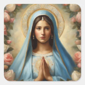 Maagd Maria Halo Gebed Versierd met Rozen Vierkante Sticker (Voorkant)