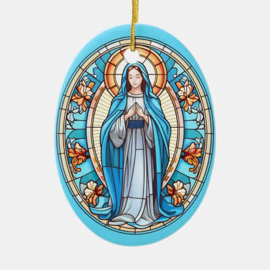 Maagd Maria in blauw Glas in lood Kerst Keramisch Ornament (Voorkant)