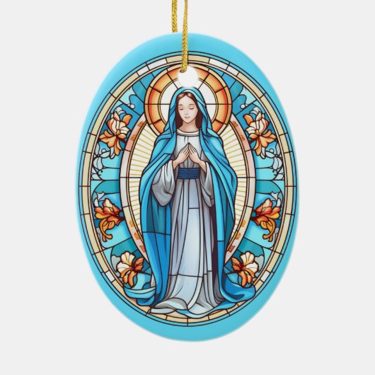 Maagd Maria in blauw Glas in lood Kerst Keramisch Ornament (Achterkant)