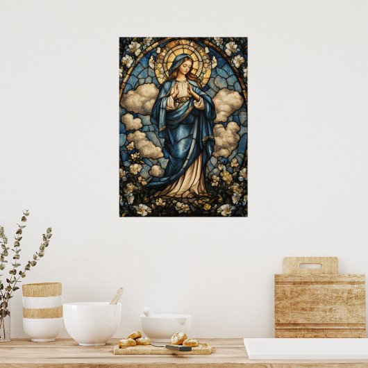 Maagd Maria in prachtige Glas in lood kunst Poster (Keuken)