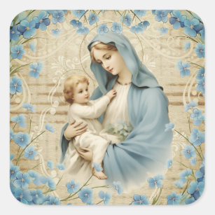 Maagd Maria Jesus Lam  Blauw Bloemen Vierkante Sticker