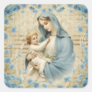 Maagd Maria Jesus Lam  Blauw Bloemen Vierkante Sticker