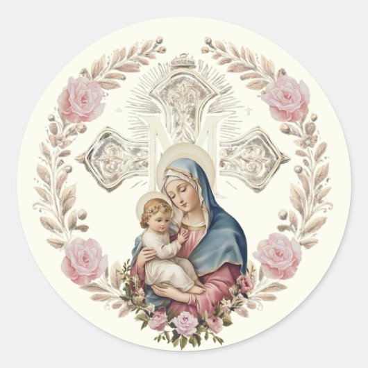 Maagd Maria Jesus Roze Rozen Katholiek Ronde Sticker (Voorkant)