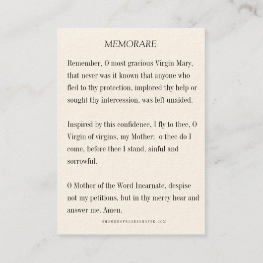 Maagd Maria Jezus Moeder van Goede Raad Memorare Visitekaartje (Achterkant)