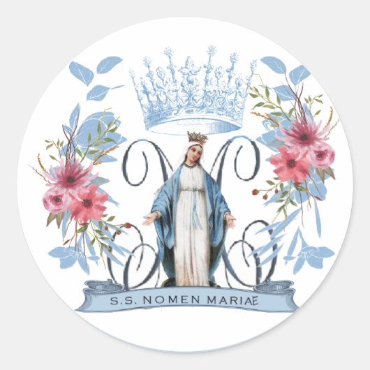 Maagd Maria Katholieke Moeder Mary Floral Ronde Sticker (Voorkant)