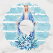 Maagd Maria Lady of Grace Blauwe Bloemen Waterverf Wijnglaslabel (Voorkant)