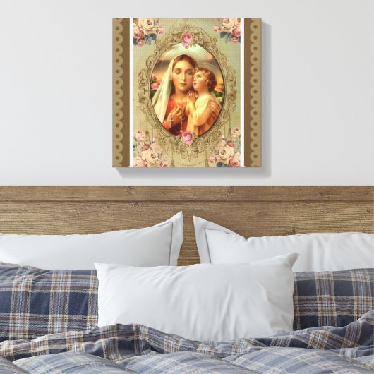Maagd Maria Madonna Kind Jezus Rozen Rozenkrans Canvas Afdruk (Insitu (Slaapkamer))