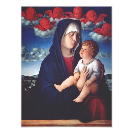 Maagd Maria met Baby Jesus en rode cherubs Foto Afdruk (Voorkant)