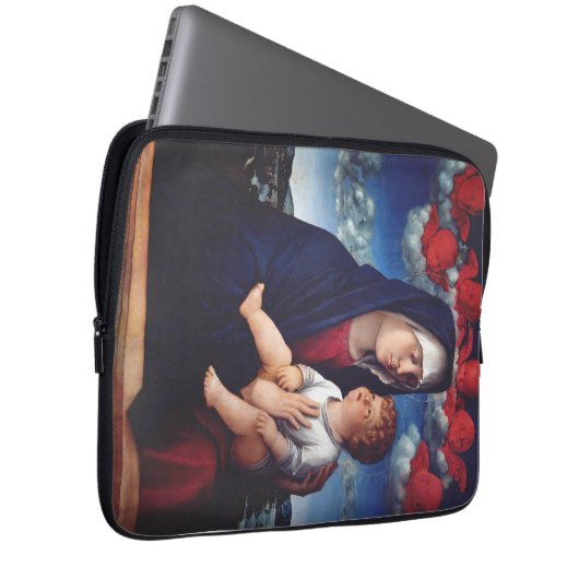 Maagd Maria met Baby Jesus en rode cherubs Laptop Sleeve (Voorkant Rechts)