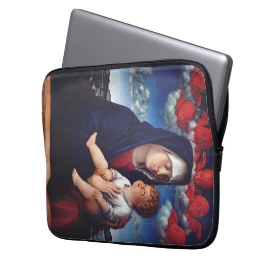 Maagd Maria met Baby Jesus en rode cherubs Laptop Sleeve (Voorkant Links)
