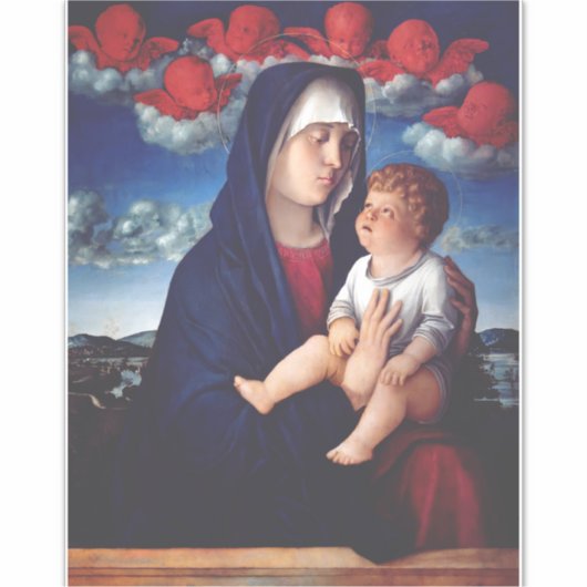Maagd Maria met Baby Jesus en rode cherubs Sticker (Voorkant)