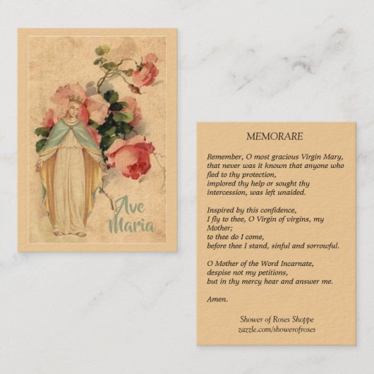 Maagd Maria met de  Floral Memorare Heilige Kaart Visitekaartje (Voorkant / Achterkant)