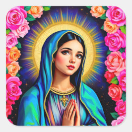 Maagd Maria met Gebedshanden & Rozen Groot Vierkante Sticker