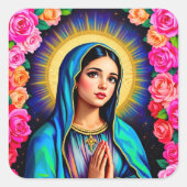  Maagd Maria met Gebedshanden & Rozen Groot Vierkante Sticker (Voorkant)