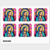  Maagd Maria met Gebedshanden & Rozen Groot Vierkante Sticker (Vel)