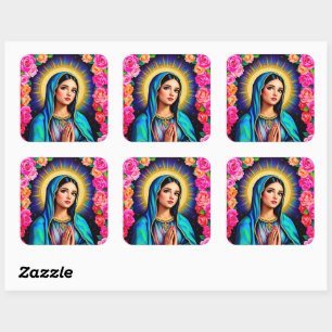  Maagd Maria met Gebedshanden & Rozen Groot Vierkante Sticker